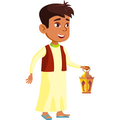 Young Arab Muslim Boy Holding a Traditional Lantern and Wearing a White Thobe and Red Vest with Blue Sandals on Transparent Background