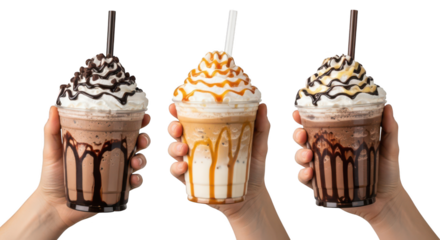 Hands holding three different milkshakes isolated on transparent background
