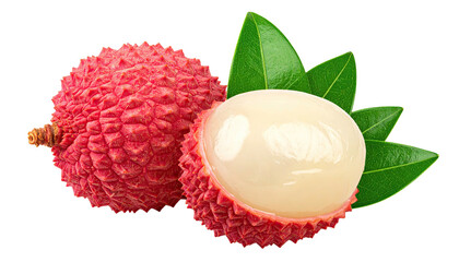 Lychees one whole, one peeled, leaves on black background