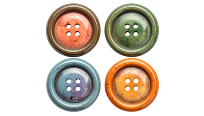 Four colorful, aged buttons with four holes on black background