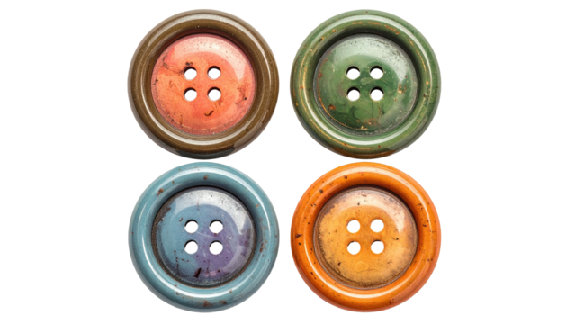 Four colorful, aged buttons with four holes on black background