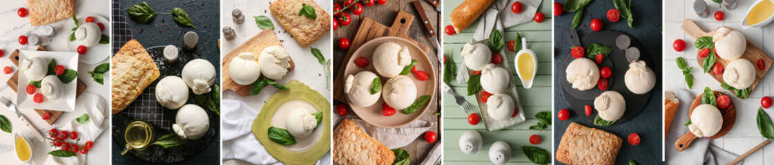 Set of Italian burrata with bread, tomatoes and basil, top view