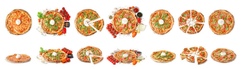 Set of tasty pizza with Burrata cheese on white background