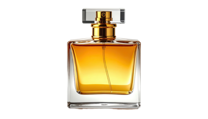 Golden liquid inside a crystal perfume bottle on a black background