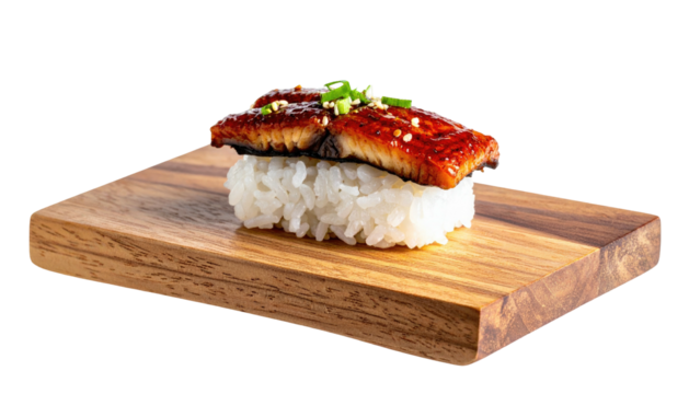 Unagi sushi nigiri on wood block, garnished with scallions