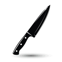 A sharp, black chefs knife with a white handle, isolated on a
