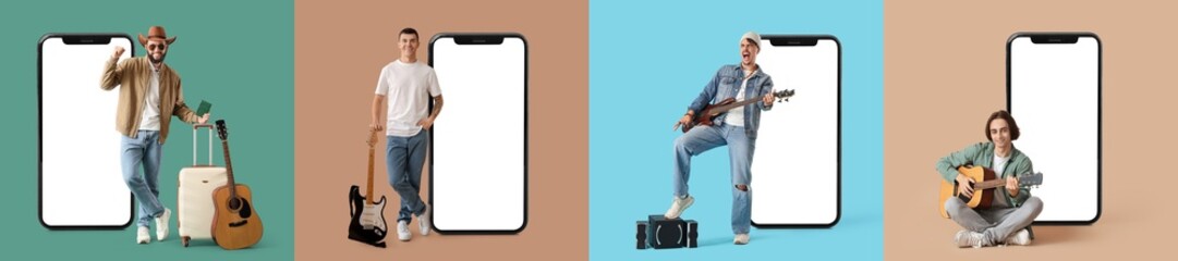 Naklejka premium Set of men with guitars and big smartphones on color background
