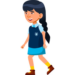 Young Asian Girl With Braided Hair Wearing Blue Vest and Skirt Walking With A Smile In A Studio Setting