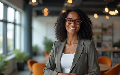 Black business woman in a business environment. High quality