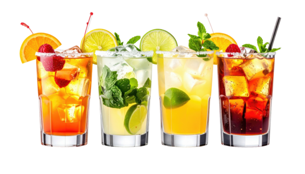 Row of four refreshing cocktails with fruit and mint garnish
