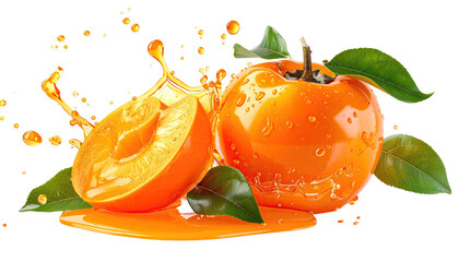 Sliced persimmon with juice and leaves on black background