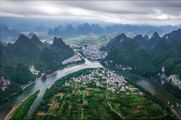 Aerial View of Li River and Karst Mountains in Guilin, China