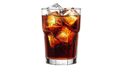 Bubbling brown beverage with ice cubes in a clear glass