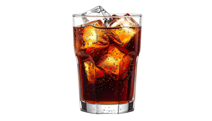 Bubbling brown beverage with ice cubes in a clear glass