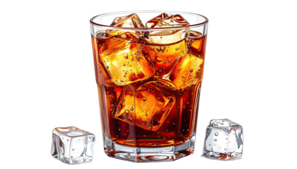 Iced drink in glass with ice cubes on black background