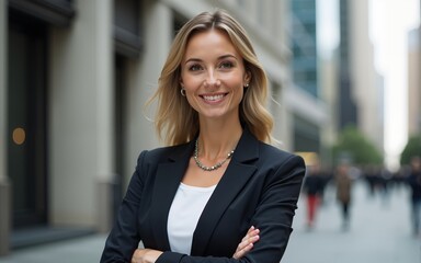 Mature business executive professional woman portrait, in suit outside of office in business district. High quality