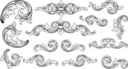 Vintage flourish elements, ornate scrollwork design, classical decorative motifs, hand-drawn vector illustration, elegant embellishment set, antique ornament collection