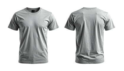 Two gray t-shirts, front and back view, isolated on black