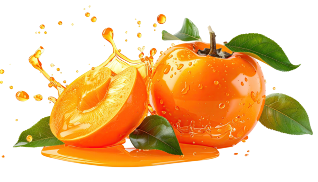 Sliced persimmon with juice and leaves on black background