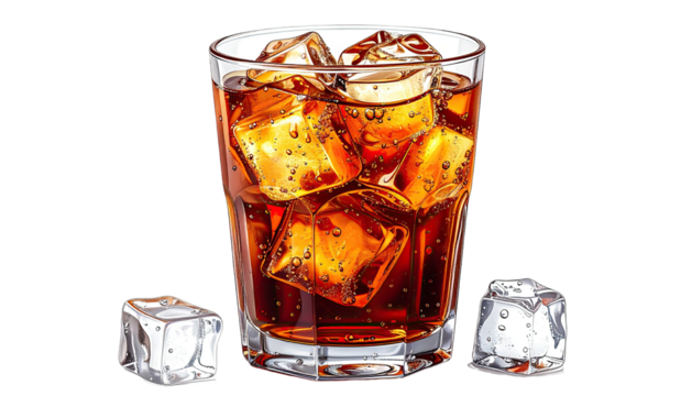 Iced drink in glass with ice cubes on black background