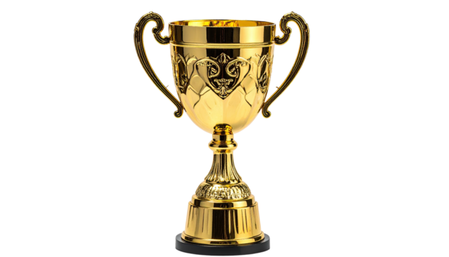 Ornate, golden trophy with handles shines on a dark background