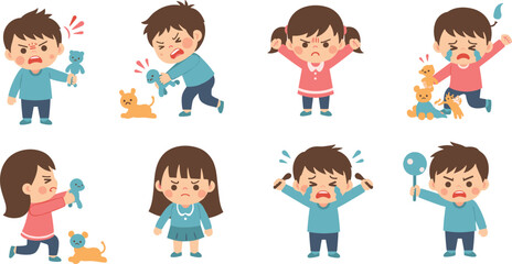 Angry and sad kids, emotional child behavior, cartoon expressions, frustration and crying, flat vector illustration, childhood mood reactions, tantrum scenes