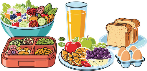 Healthy food, balanced meal, fruit plate, vegetable salad, orange juice, whole grain bread, boiled eggs, flat vector illustration