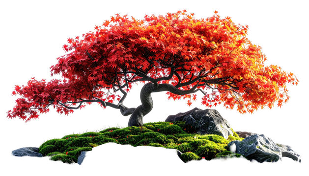 Red maple tree over mossy rocks, fall colors