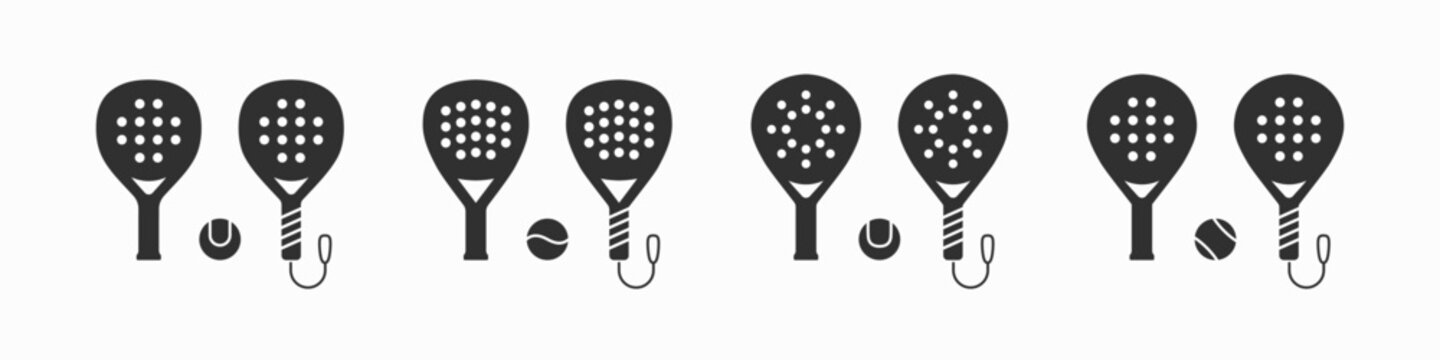 Set of padel racket black icons isolated on white background. Paddle tennis racket and ball silhouette collection. Vector illustration