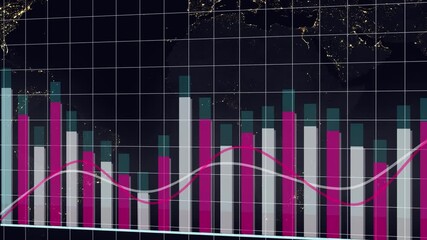 Global Financial Stock Market Bar Chart with Overlayed World Map at Night financial chart. Digital stock market visualization with bar chart and world map highlighting global financial data. - Powered by Adobe