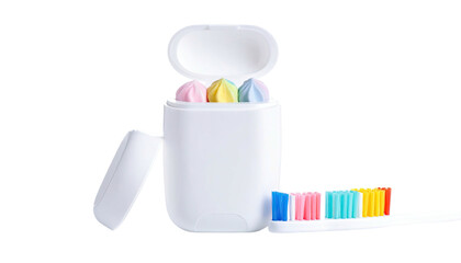 Toothbrush, holder, & candies of assorted colors on a black background