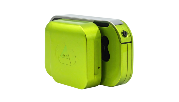 Glossy, bright green, compact gadget against a black background