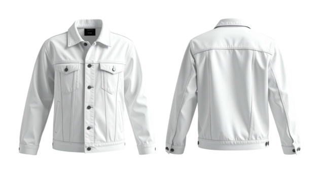 White denim jacket's front and back view, isolated on black