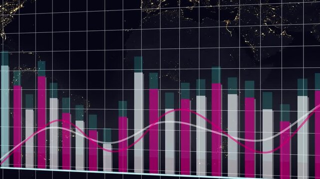 Global Financial Stock Market Bar Chart with Overlayed World Map at Night financial chart. Digital stock market visualization with bar chart and world map highlighting global financial data. - Powered by Adobe