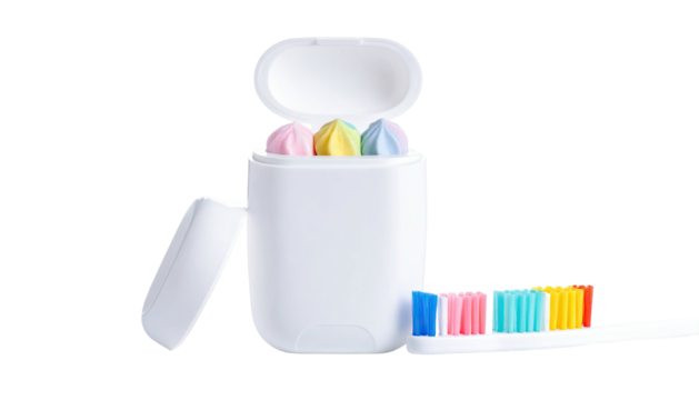 Toothbrush, holder, & candies of assorted colors on a black background