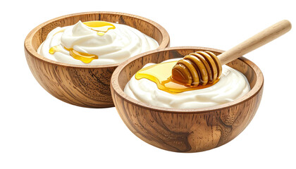 Yogurt topped with honey in wooden bowls, and dipper