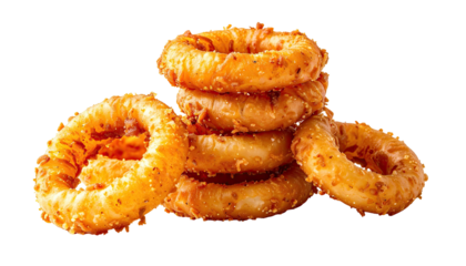 Stacked onion rings, crispy golden brown and deep fried treat