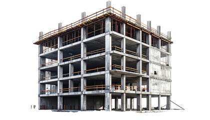 Concrete structure under construction, exposed columns and decks
