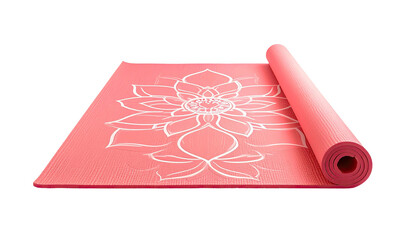 Pink yoga mat with white lotus design, partially rolled