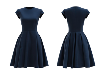 Front and back views of a navy blue dress featuring a fitted bodice and flared skirt
