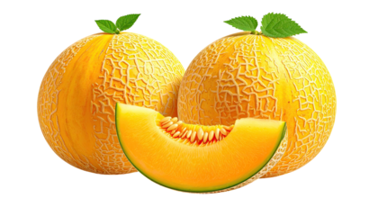 Two melons, slice, atop dark background