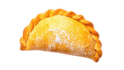 Half-moon pastry with crimped edge dusted with powder