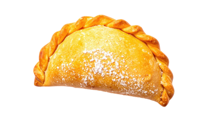 Half-moon pastry with crimped edge dusted with powder