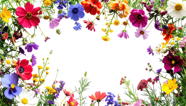 Wildflower frame with black center space, close, colorful blooms