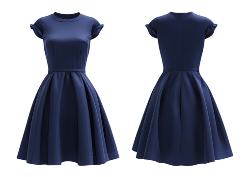 Front and back view of a navy blue, elegant dress with a fitted bodice and flared skirt - Powered by Adobe