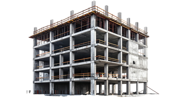 Concrete structure under construction, exposed columns and decks