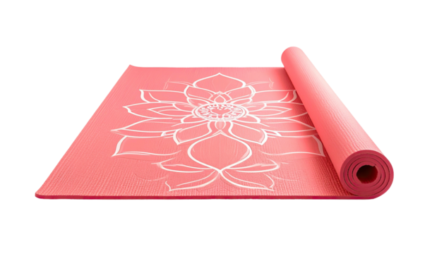 Pink yoga mat with white lotus design, partially rolled