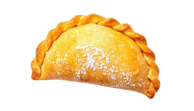 Half-moon pastry with crimped edge dusted with powder