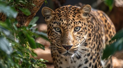 Fototapeta premium A stunning leopard moves gracefully among vibrant foliage its piercing eyes focused on the surroundings.