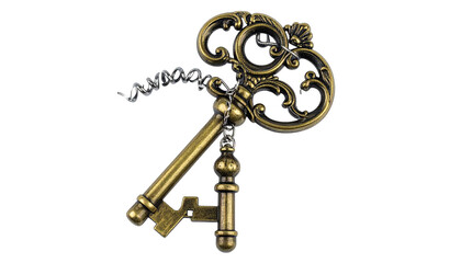 Ornate golden key with corkscrew against dark background